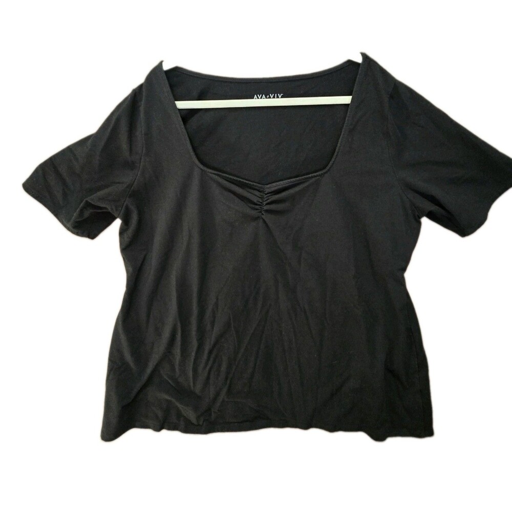 Ava & Viv Women's Plus 2X Black V-Neck Short Sleeve T-Shirt Basic Casual Tee